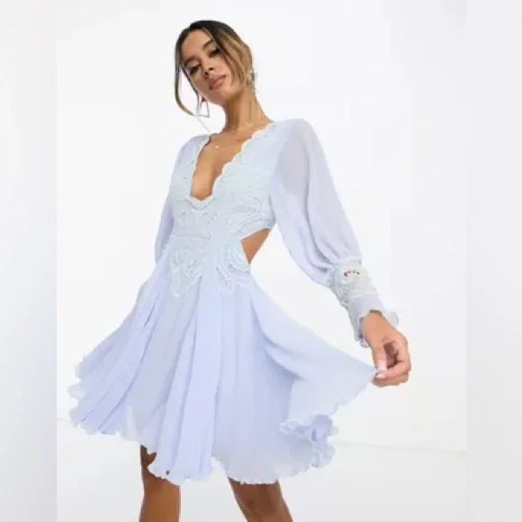 sachin and babi light blue dress ASOS DESIGN embroidered cotton tiered midi dress with lace insert in blue  floral main image 1
